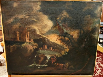 Italian oil painting from 1600 landscape with tower and lake