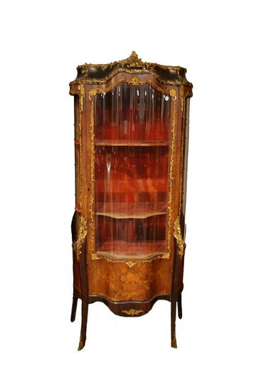 Antique Louis XV display cabinet inlaid and with bronzes from the 1800s