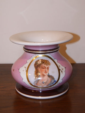 Small French pink porcelain vase from the 1800s with a painted lady