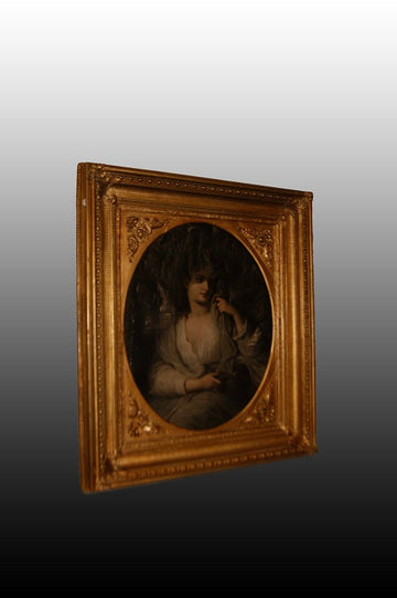 Splendid antique oil on canvas portrait of a noble French girl from the 1800s in oil