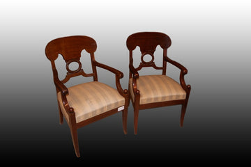 Pair of Biedermeier style armchairs in mahogany wood and mahogany feather