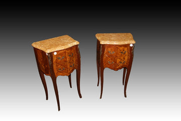 Pair of Louis XV style bedside tables from the 1800s inlaid with bronzes and marble top