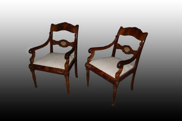 Group of 4 Biedermeier armchairs in mahogany wood with petit point embroidery