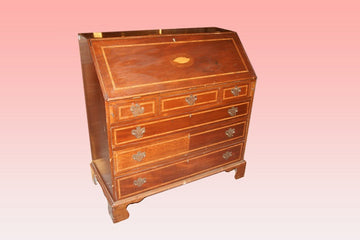 19th century English Victorian style Bureau Writing desk in mahogany wood with inlays
