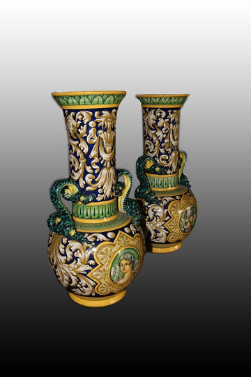 Pair of Italian vases from the early 1900s in neo-Renaissance style majolica