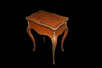 French coffee table from the 1800s in Louis XV style with rich inlay motifs