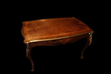 French mid-1800s Louis XV style writing table with rich inlay motifs