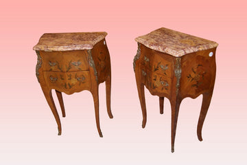 Pair of splendid large 19th century Louis XV style bedside cabinets with inlaid and marble top