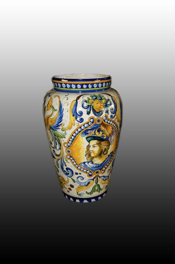 Italian vase from the early 1900s in neo-Renaissance style majolica with rich decorations