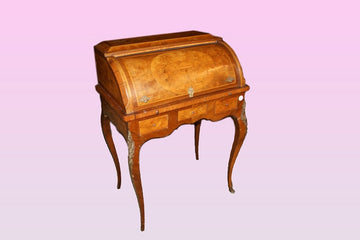 Stunning French roller writing desk from the 19th century in richly inlaid carob wood