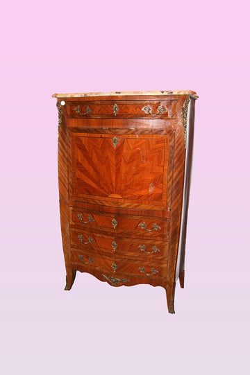 Large Louis XV style secretaire desk chest with marble top and inlays