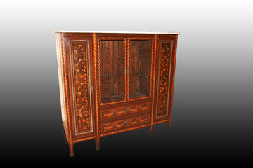 Display Cabinet with 4 French doors in richly inlaid mahogany wood and with marble top