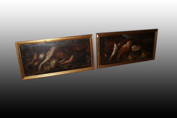 Pair of oil paintings on canvas from 1600 Still life Giuseppe Recco school