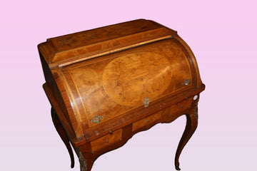 Stunning French roller writing desk from the 19th century in richly inlaid carob wood