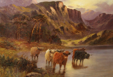 English oil on canvas from 1800 Scottish highland landscape with Highlander oxen