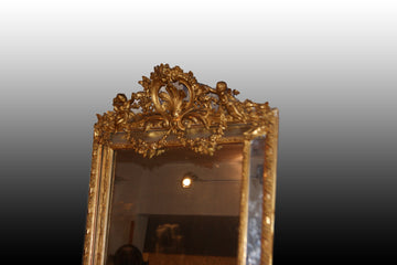 Grande specchiera rettangolare verticale francese del 1800 in legno dorato foglia oro