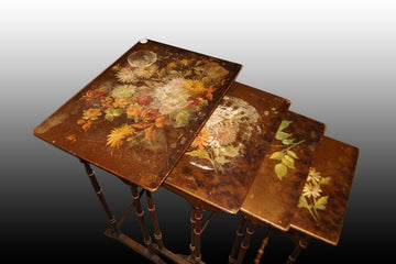Group of 4 French nest tables painted Vernis Martin