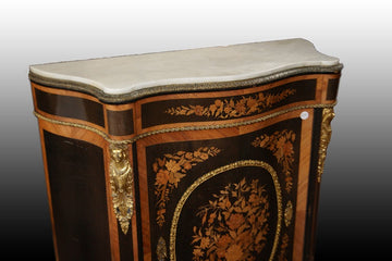 Stunning French Louis XV style sideboard in richly inlaid ebony wood with marble top
