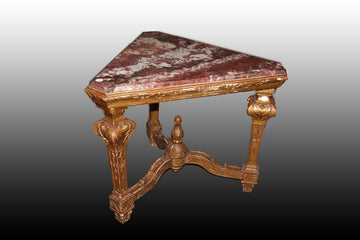 Tavolino da salotto triangolare di metà 1800 stile Luigi XIV in legno dorato foglia oro