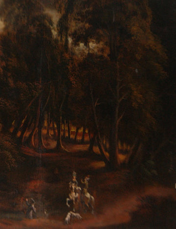 Maestoso olio su tela 2.5 metri raffigurante paesaggio con personaggi al tramonto