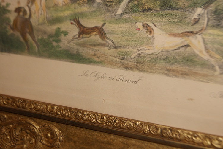 Piccola stampa francese a colori del 1800 Raffigurante scena di caccia