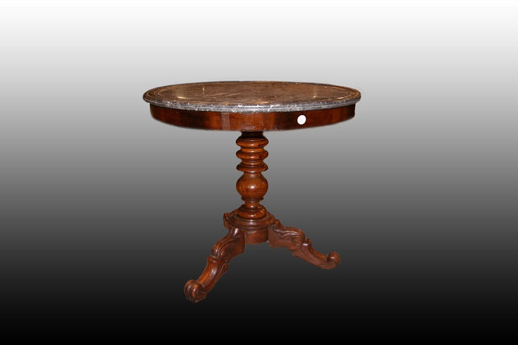 Tavolino circolare francese con piano in marmo stile Carlo X del 1800 in legno di mogano