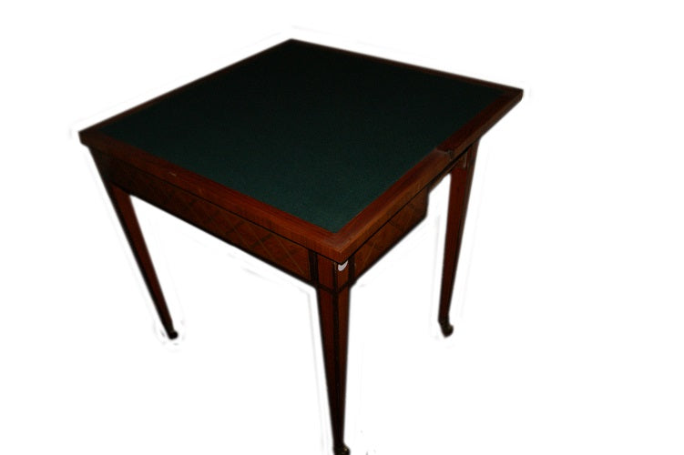 Tavolino da gioco francese di inizio 1800 stile Luigi XVI in legno di noce e mogano