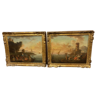 Elegant Pair of French 18th-Century Coastal Paintings – Allegories of Winter and Spring