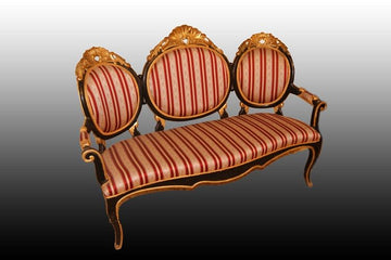Superbe canapé de salon italien avec 2 fauteuils laqués et dorés de style Louis Philippe
