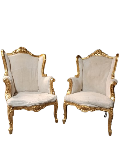 Pair of French Louis XV Wingback Armchairs – Second Half of the 19th Century, Gold Leaf Gilded Wood
