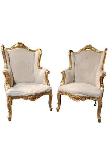 Pair of French Louis XV Wingback Armchairs – Second Half of the 19th Century, Gold Leaf Gilded Wood