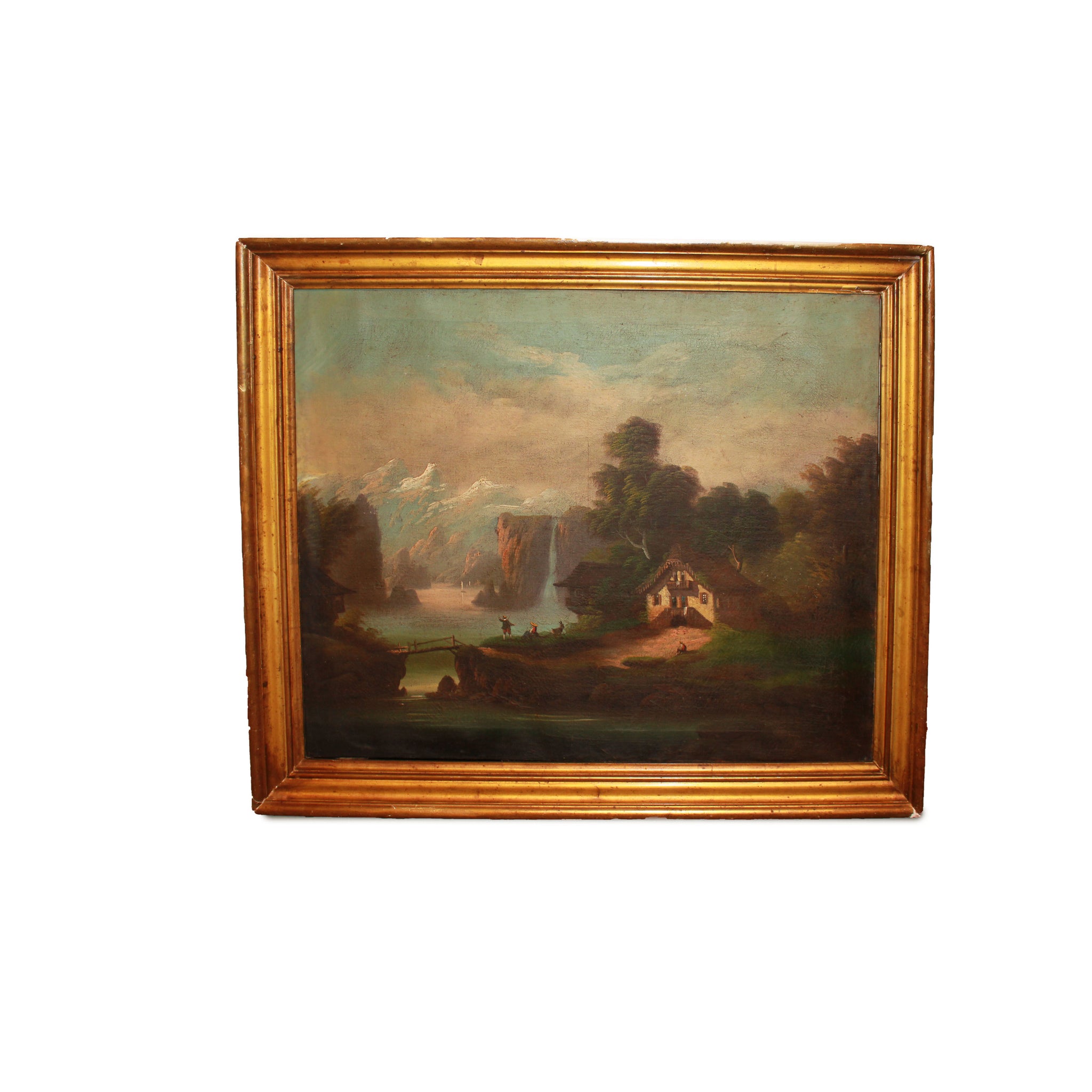 Huile sur Toile Italienne du Début des Années 1800 – Paysage Montagneux avec Lac et Personnages