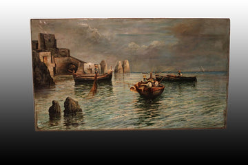 Huile sur toile italienne du XIXe siècle Antonio Coppola 1850 - 1902 Marina avec bateau et vue sur la ville
