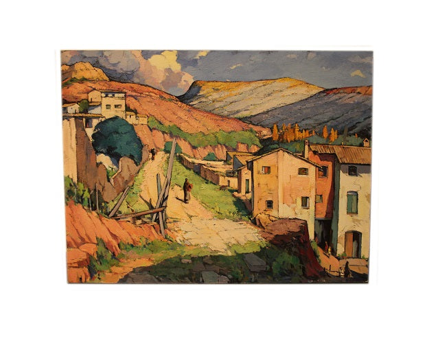 Olio su tela spagnolo di metà XX secolo raffigurante veduta cittadina Catalana Firmato Tomas Perez Martinez 1911 – 1992