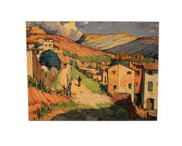 Huile sur toile espagnole du milieu du XXe siècle représentant une vue sur une ville catalane