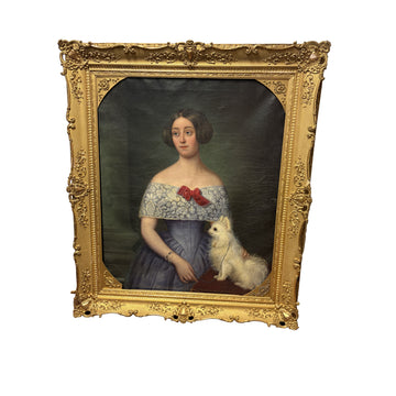 Ritratto Dama Nobildonna francese di metà 1800 con cagnolino