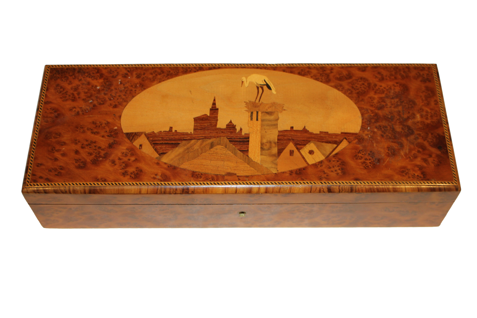 Boîte en loupe d'orme incrustée - XXe siècle