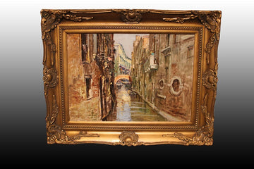 Huile sur toile italienne du XXème siècle représentant une vue de Venise