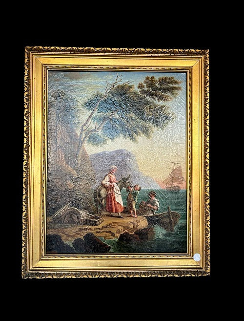 Olio su tela francese di inizio 1800 Raffigurante Scena di vita Familiare