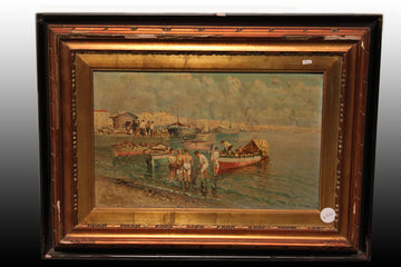 Huile sur panneau italienne de 1800 représentant Marina avec port et pêcheurs