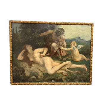 Olio su Tela Scena mitologica con Amore, ninfa e fauno Chenavard
