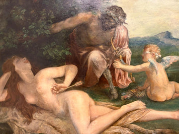 Olio su Tela Scena mitologica con Amore, ninfa e fauno Chenavard