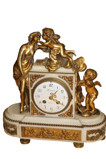 French Napoleon III Mantel Clock in White Marble and Gilt Bronze with Putti – Mid 19th Century