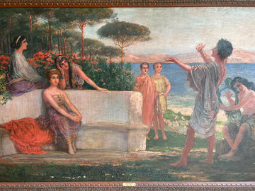 Grande Olio su tela Liberty di inizio 900 Raffigurante Personaggi in Giardino