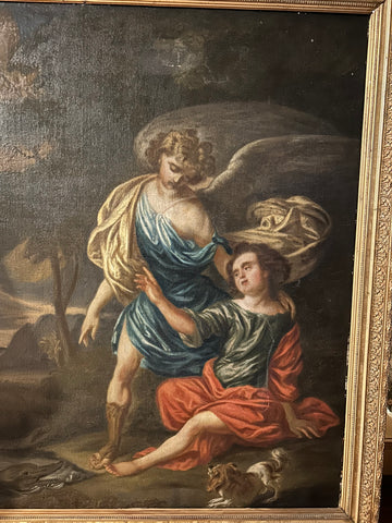 Olio Su Tela Francese del '600 Raffigurante Angelo Custode