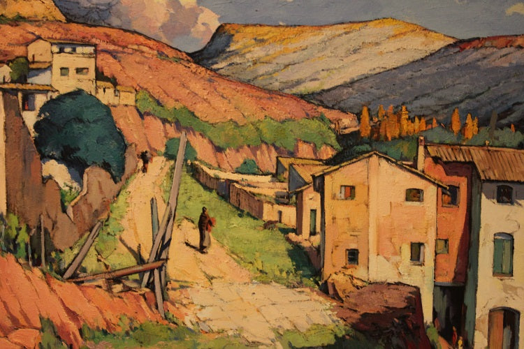 Olio su tela spagnolo di metà XX secolo raffigurante veduta cittadina Catalana Firmato Tomas Perez Martinez 1911 – 1992