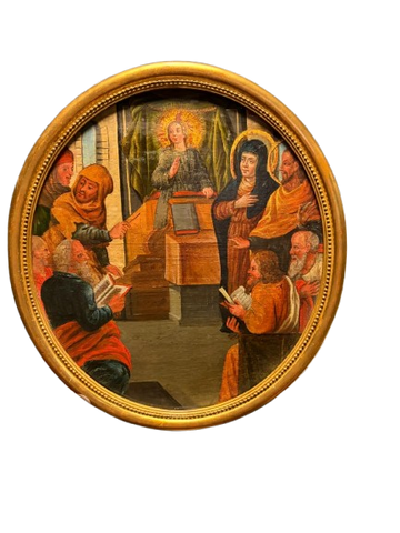 Rare Pair of French 18th-Century Devotional Paintings – Crucifixion and Christ Among the Doctors