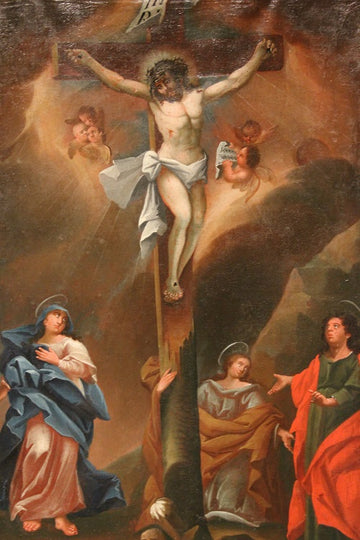 Huile sur toile française de 1700 représentant la Crucifixion