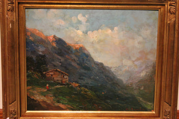 Huile sur panneau italienne du 20ème siècle représentant un paysage de montagne 