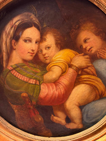 Madonna della Seggiola – Olio antico su tela di forma tonda in cornice dorata originale